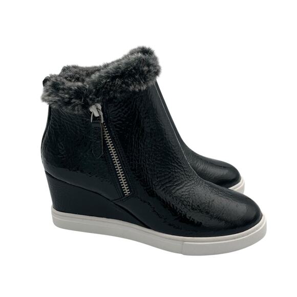 Linea Paolo Foxie Bootie Black Patent Leather Faux Fur Trim Wedge Sneakers - Picture 6 of 11